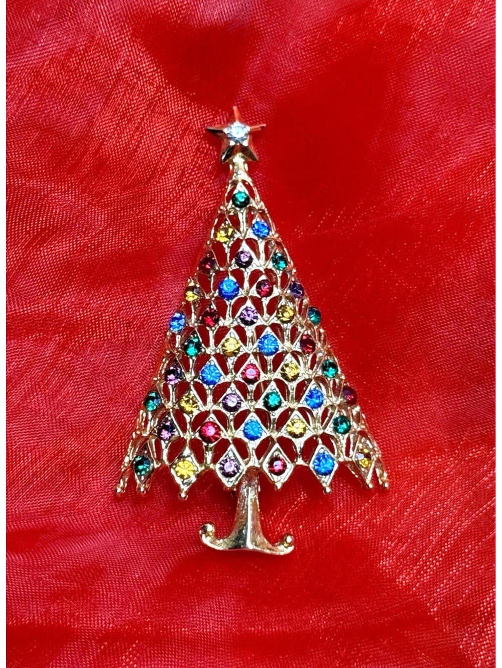 Vintage Gold Tone Christmas Tree Multi Color Rhinestone Pin Brooch Estate